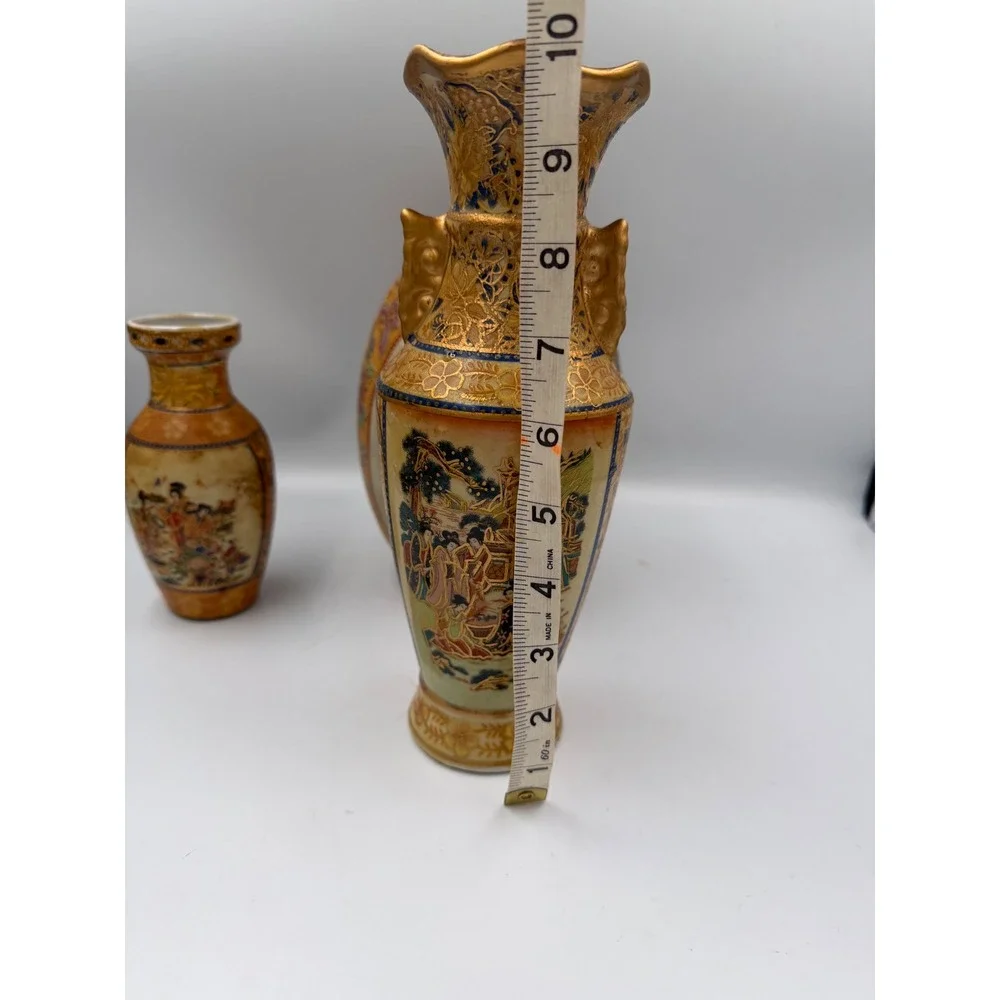 Vintage Satsuma Style Porcelain Set Geisha Vases Decorative Egg Ashtray 4pc